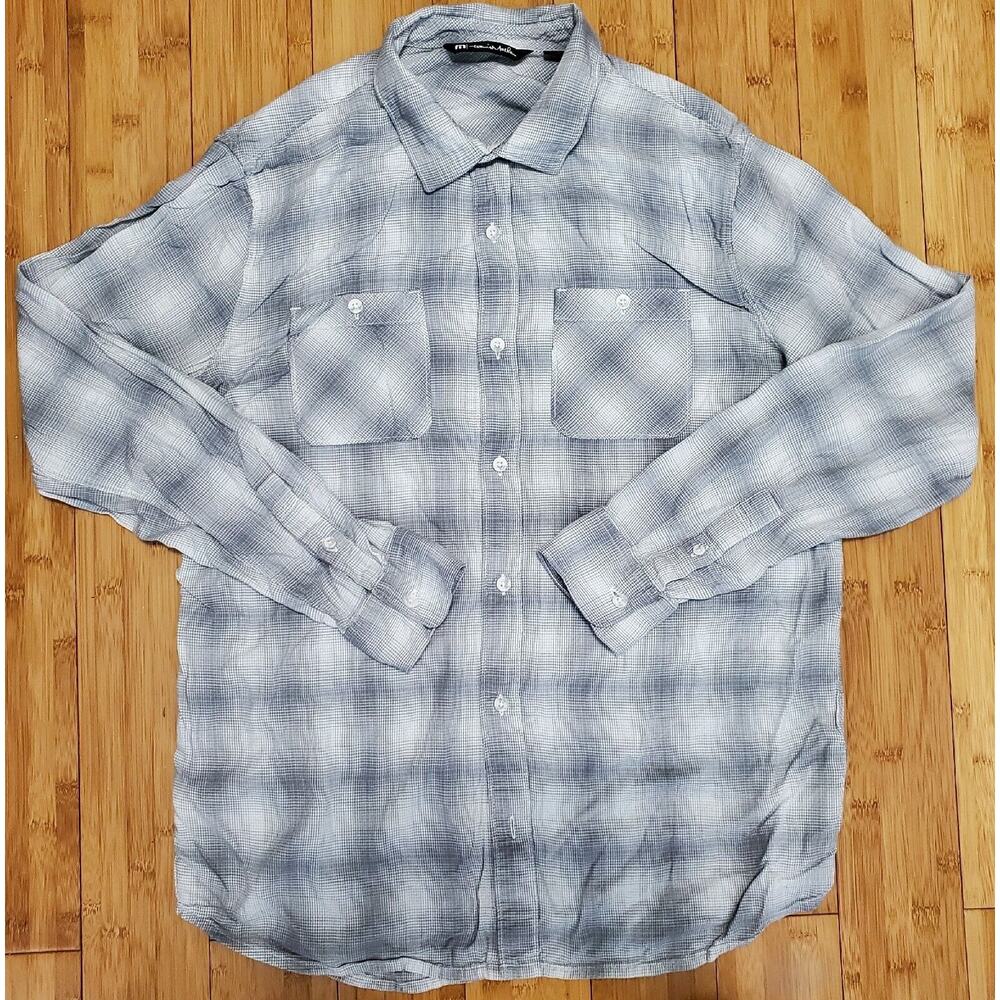 Travis Matthew Shirt Rayon Men's Size L Gray White Long Sleeve Plaid Button Up